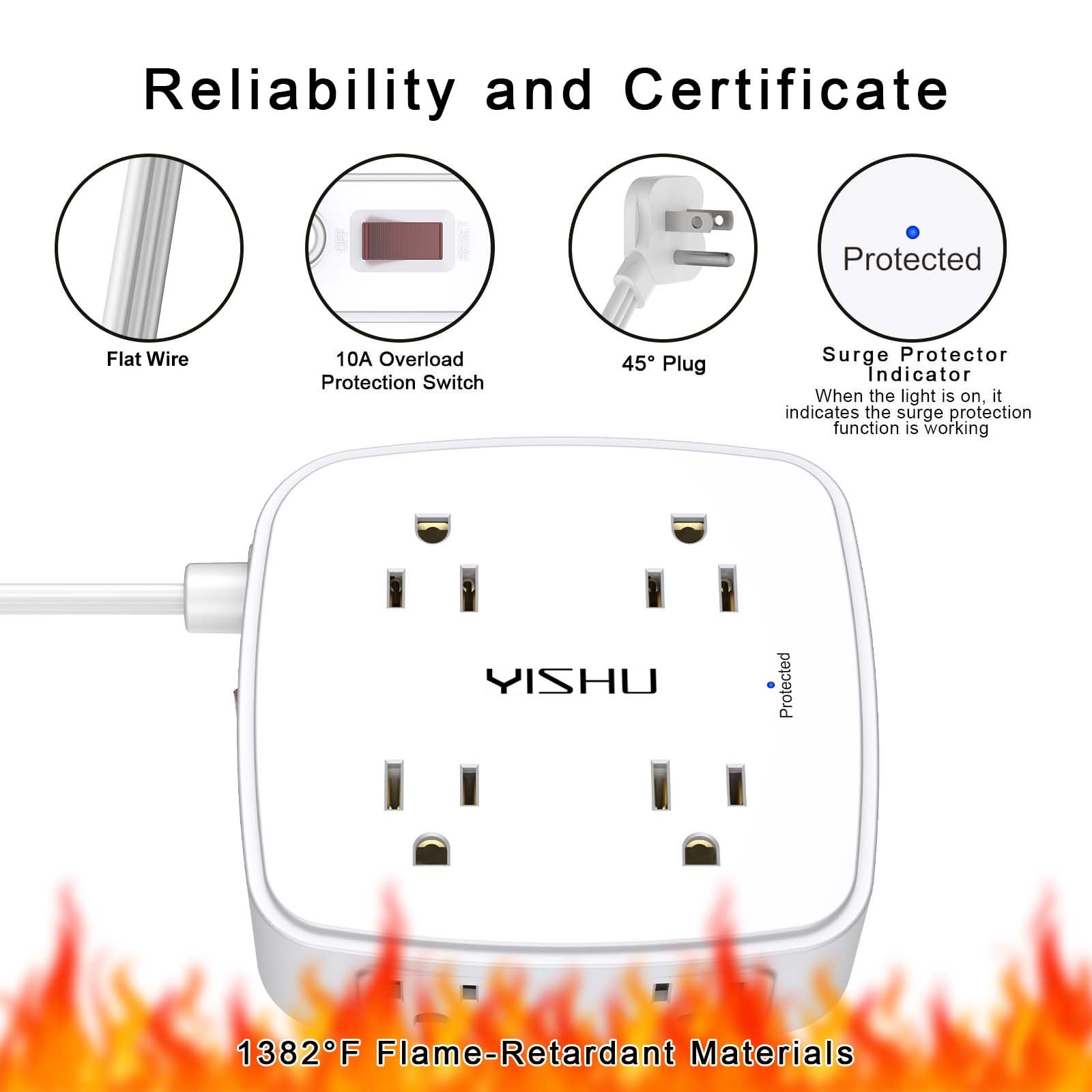 YISHU surge protector ETL certified for safe home or office use.