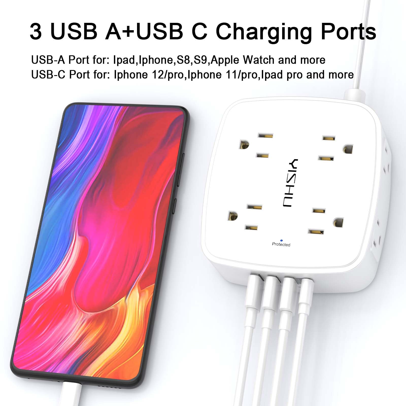 YISHU surge protector 6 ft flat cord for under-desk placement.
