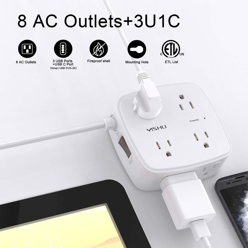 YISHU surge protector three-side design showing wide outlet spacing.