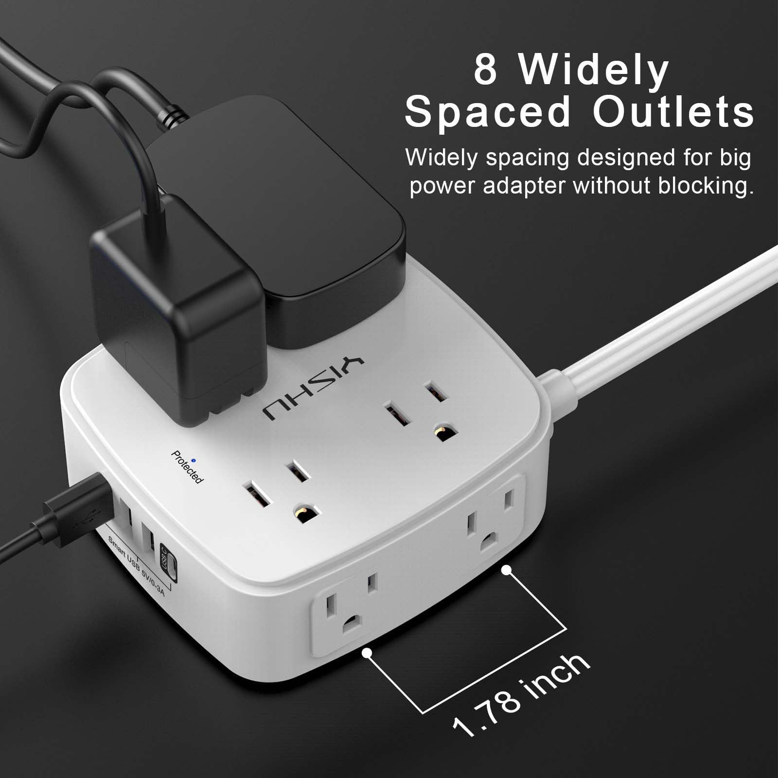 YISHU surge protector USB ports close-up highlighting fast charging.