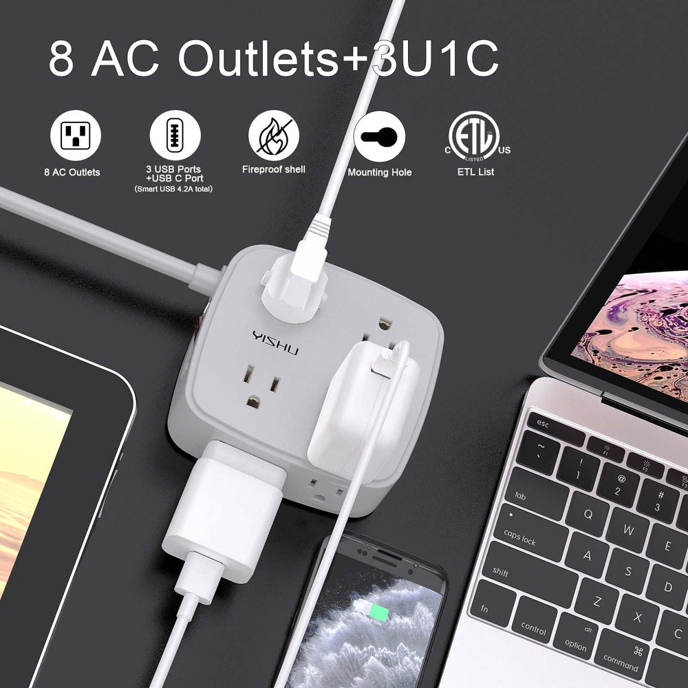 YISHU three-side design power strip keeps outlets accessible for bulky adapters.