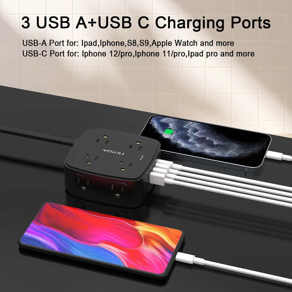 YISHU three-side design saves space and keeps plugs accessible in tight setups.