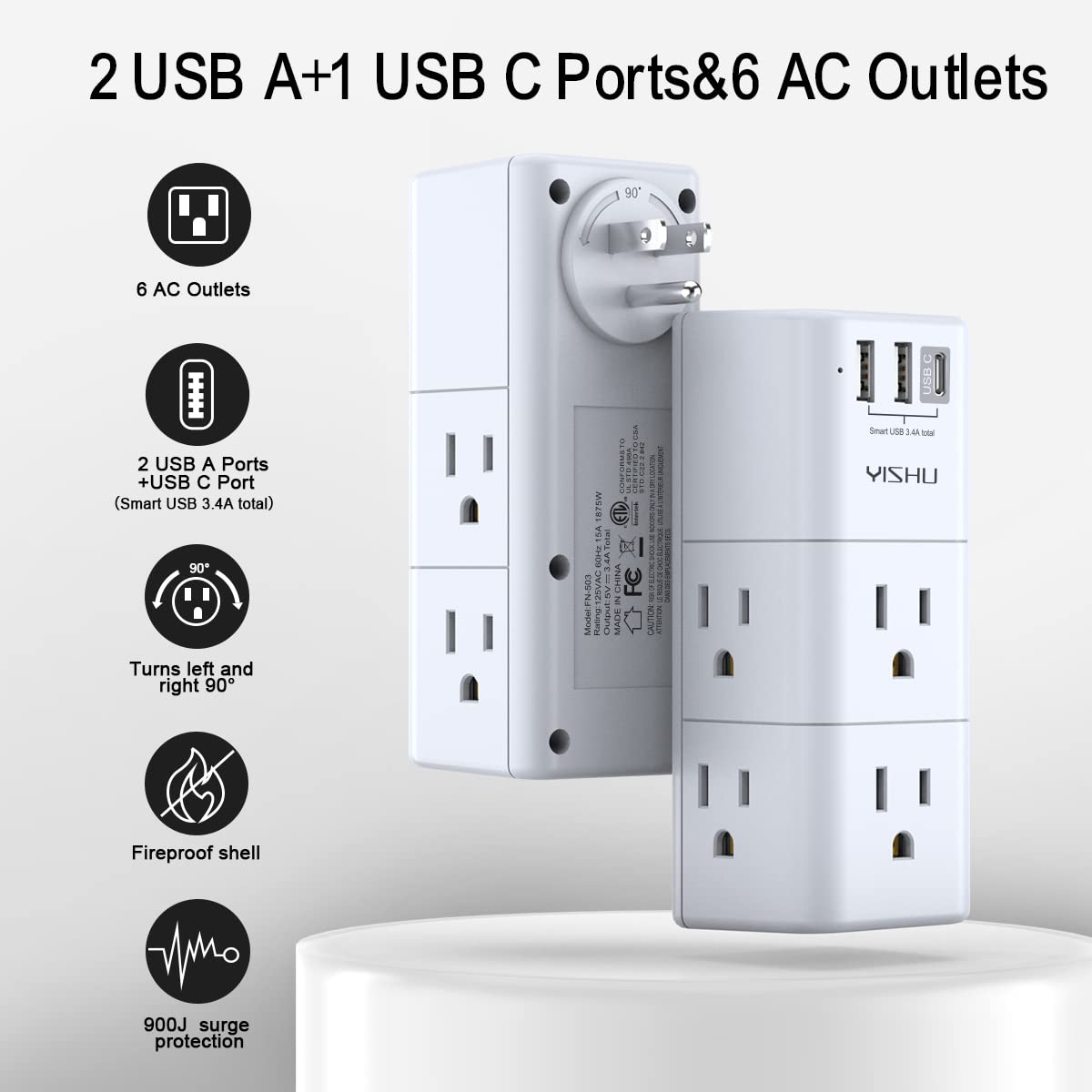 YISHU USB multi-plug outlet demonstrates space-saving 3-sided design for clutter-free desks.