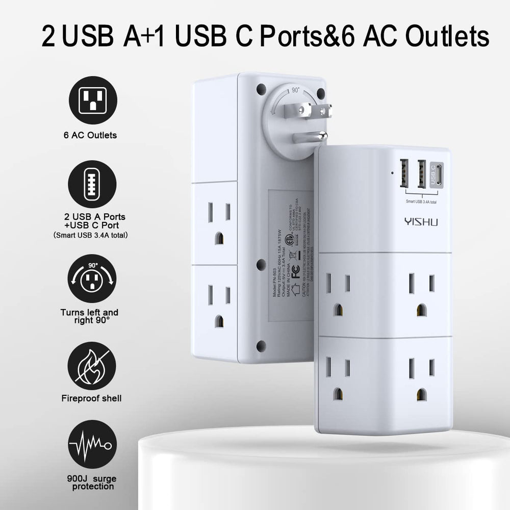 YISHU USB multi-plug outlet demonstrates space-saving 3-sided design for clutter-free desks.