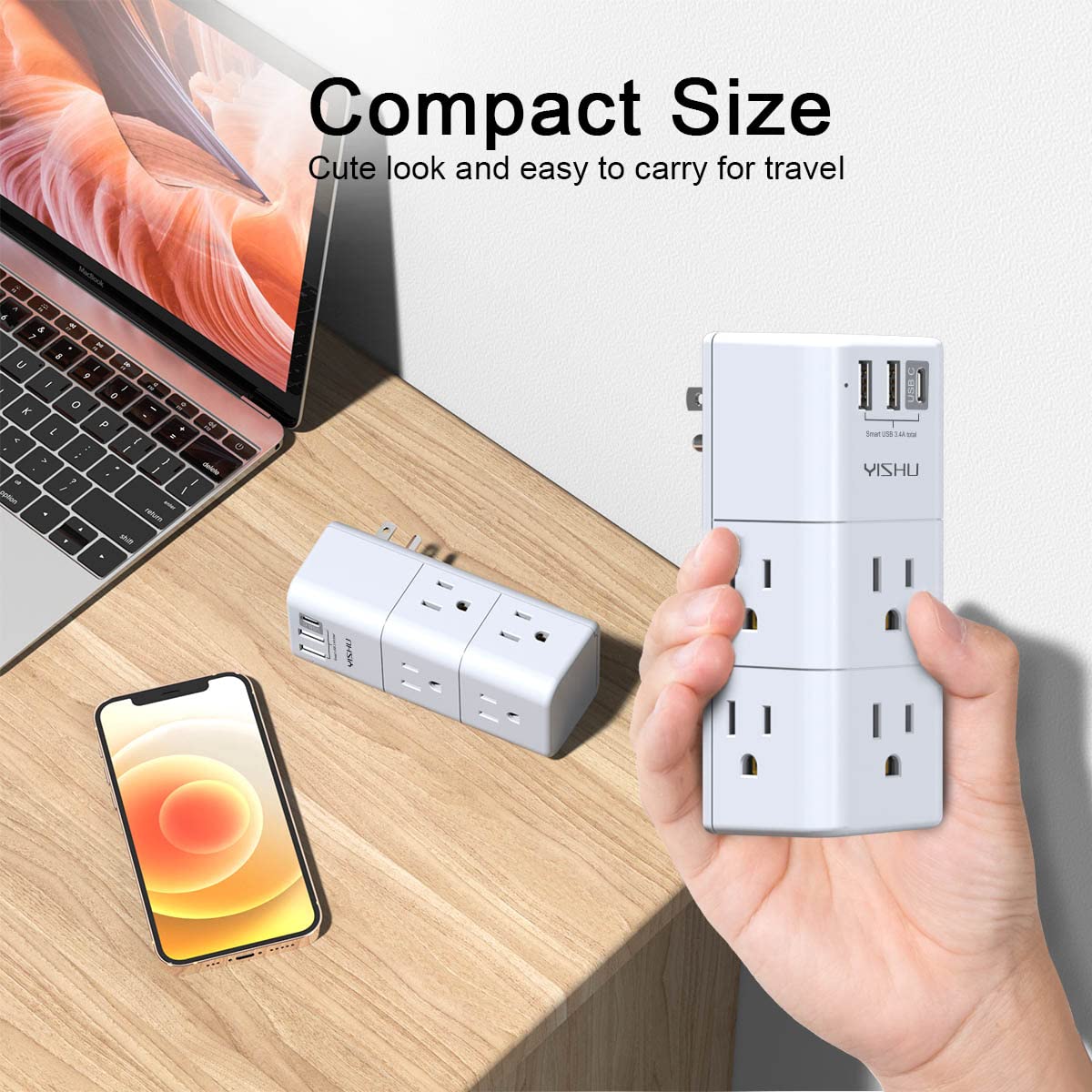 YISHU USB multi-plug outlet provides 6 AC outlets in a compact layout.