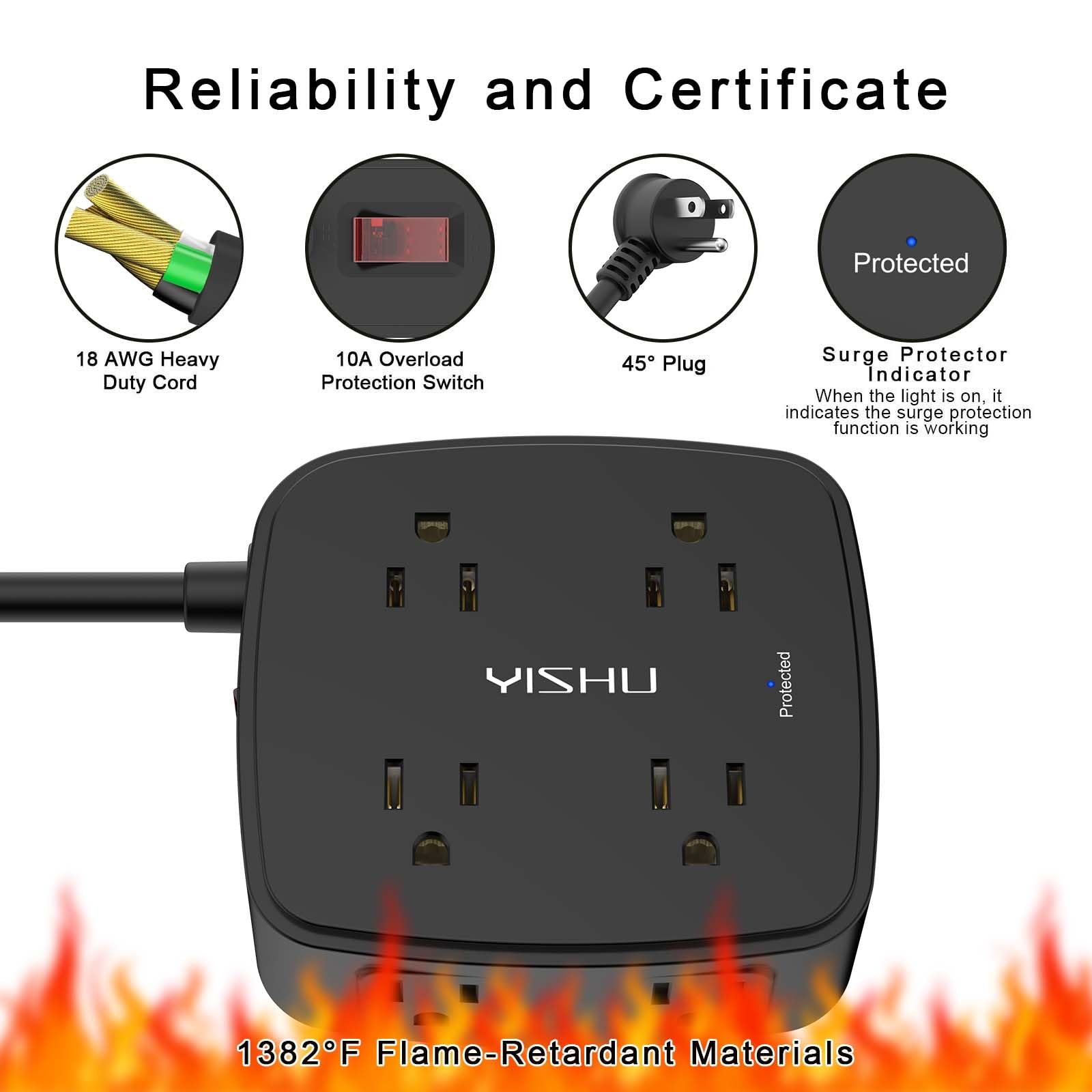 YISHU USB ports deliver 5V charging up to 4.2A total for multiple devices.