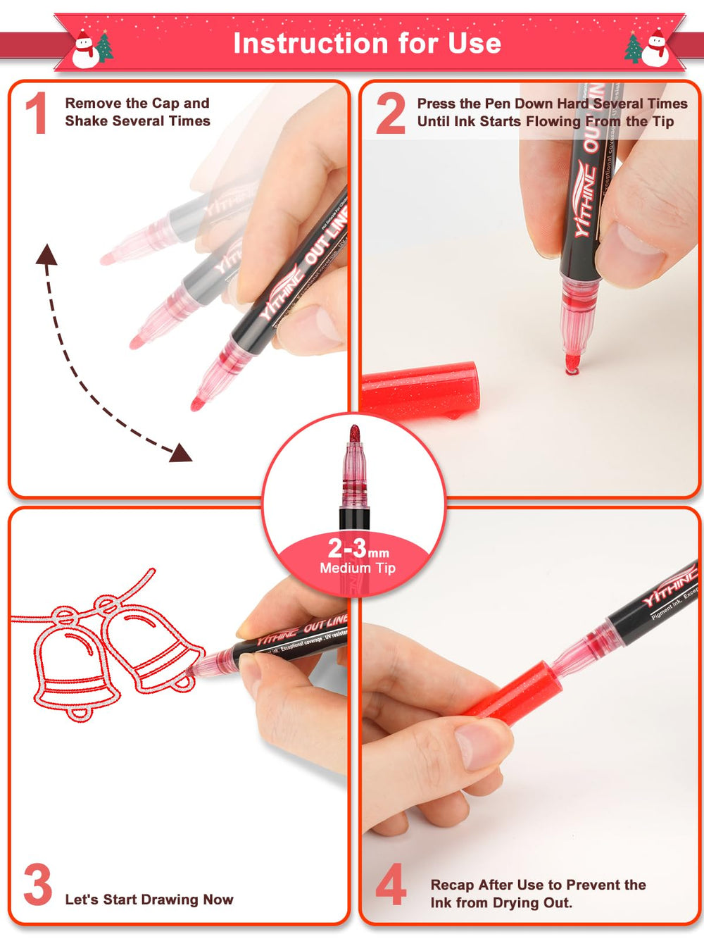 YITHINC metallic shimmer pens used on white paper for dual-lined outlines