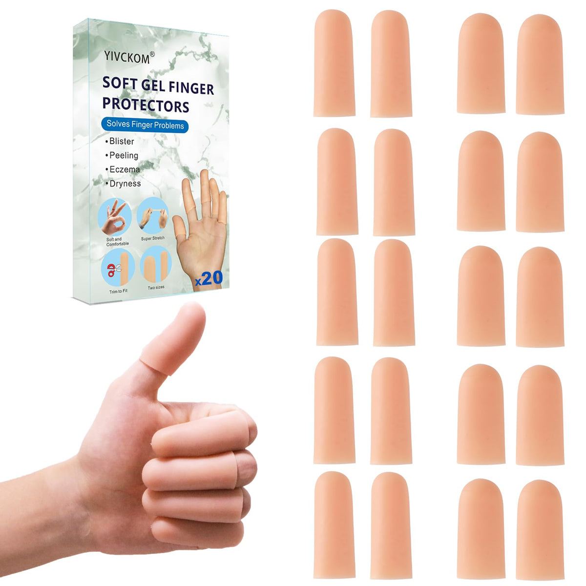 YIVCKOM gel finger cots on thumb protect cracked fingertips during daily tasks.