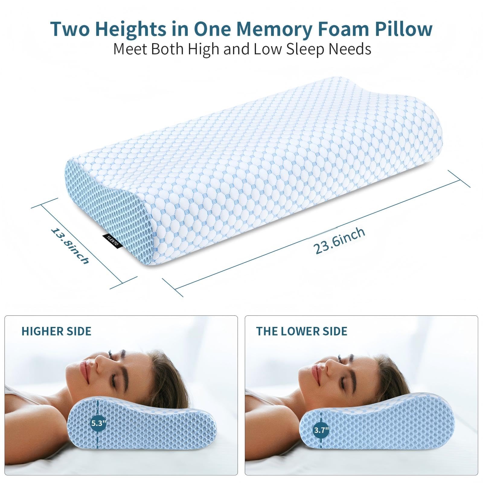 Ylekto two-height pillow illustration highlighting adaptability for different sleep positions.