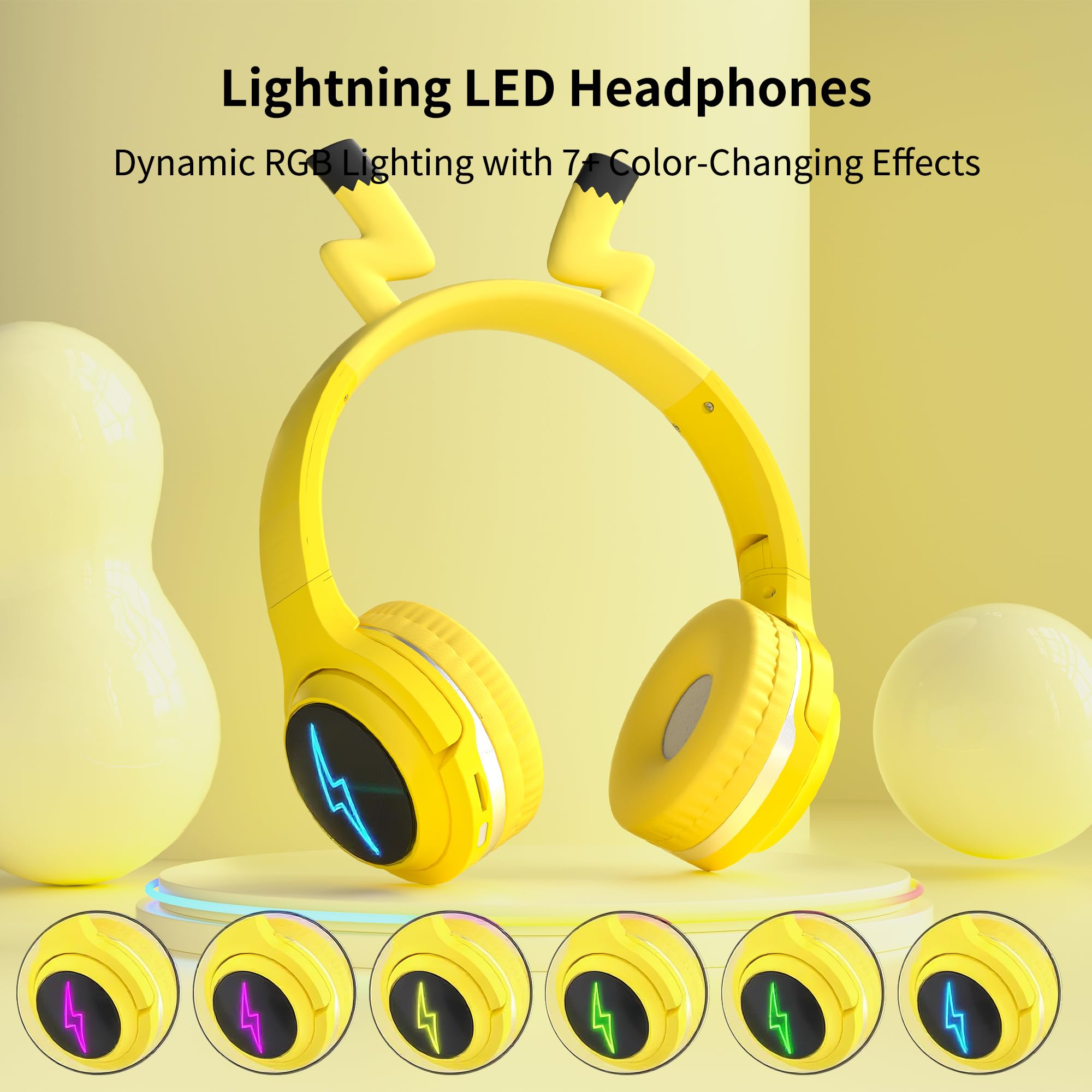 YLFASHION kids headphones showing seven-color LED effects for stylish listening