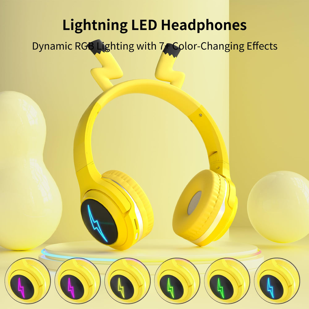YLFASHION kids headphones showing seven-color LED effects for stylish listening