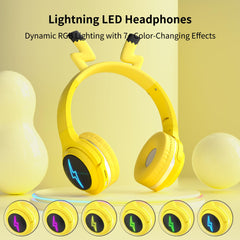 YLFASHION kids headphones showing seven-color LED effects for stylish listening
