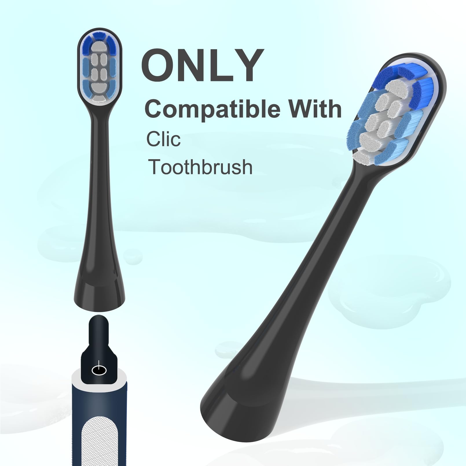 YMPBO Clic heads bristles closeup show gentle cleaning and plaque control.