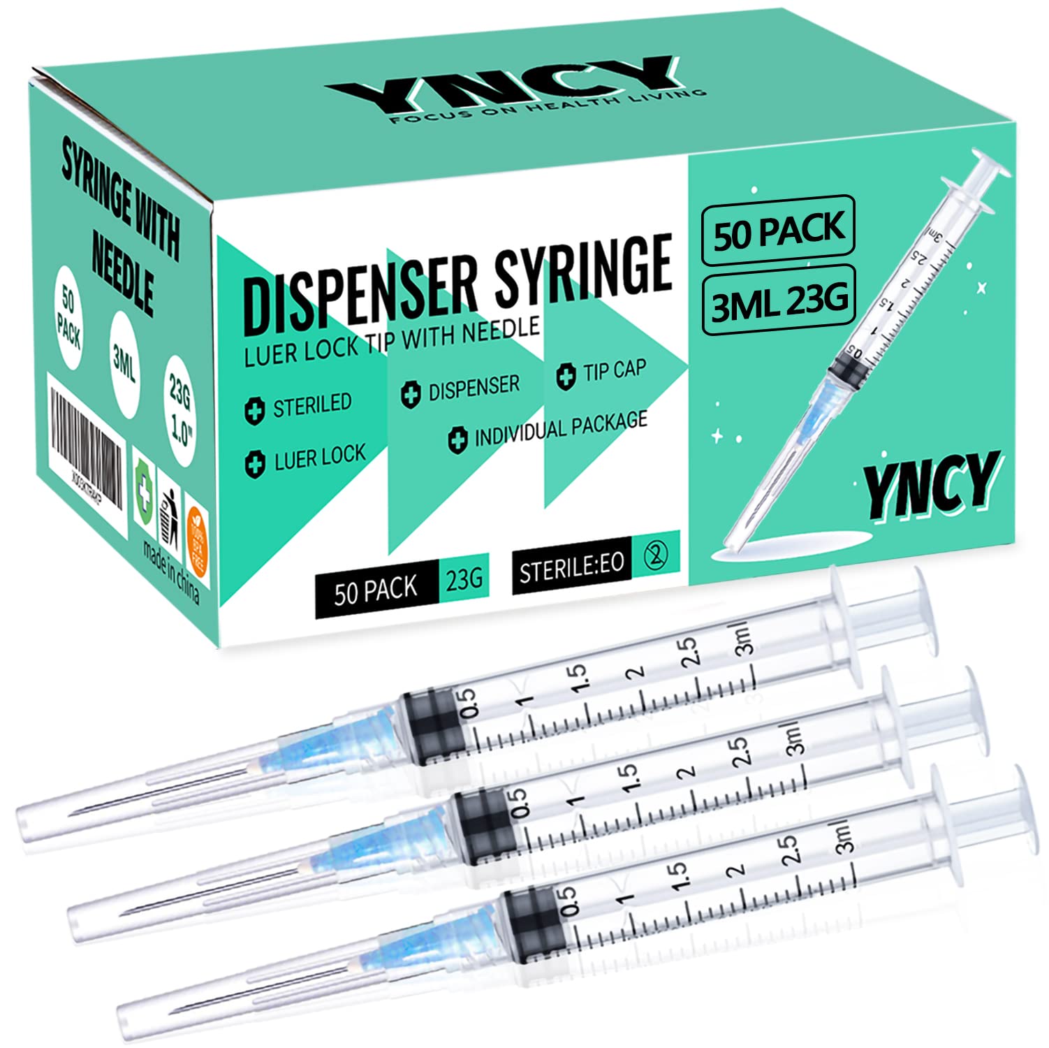 YNCY 50-pack 3ml syringe ready for precise injections and measurements.