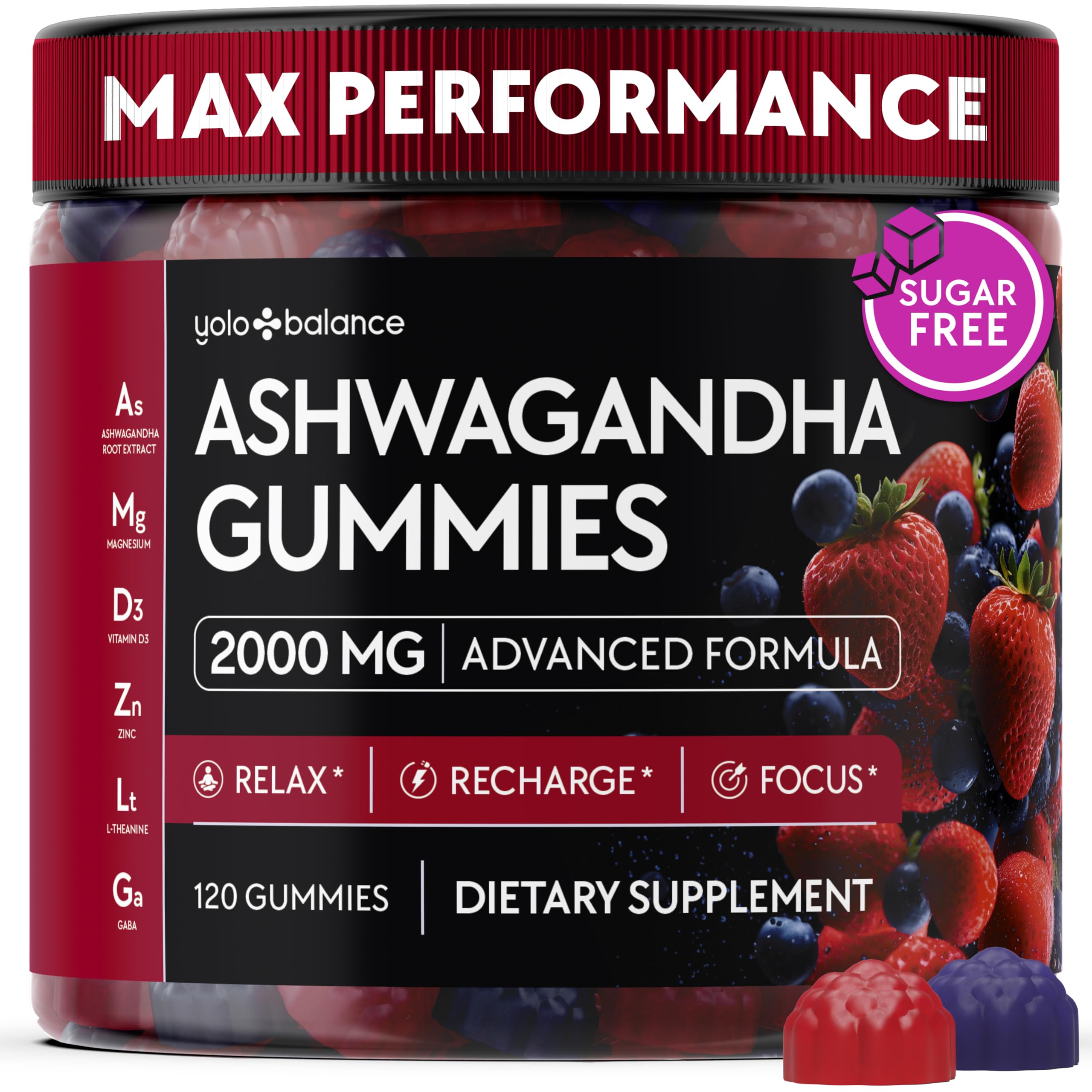 YOLOBALANCE Ashwagandha Gummies bottle front shows vegan, sugar-free formula for daily balance.