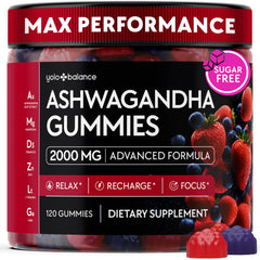 YOLOBALANCE Ashwagandha Gummies bottle front shows vegan, sugar-free formula for daily balance.