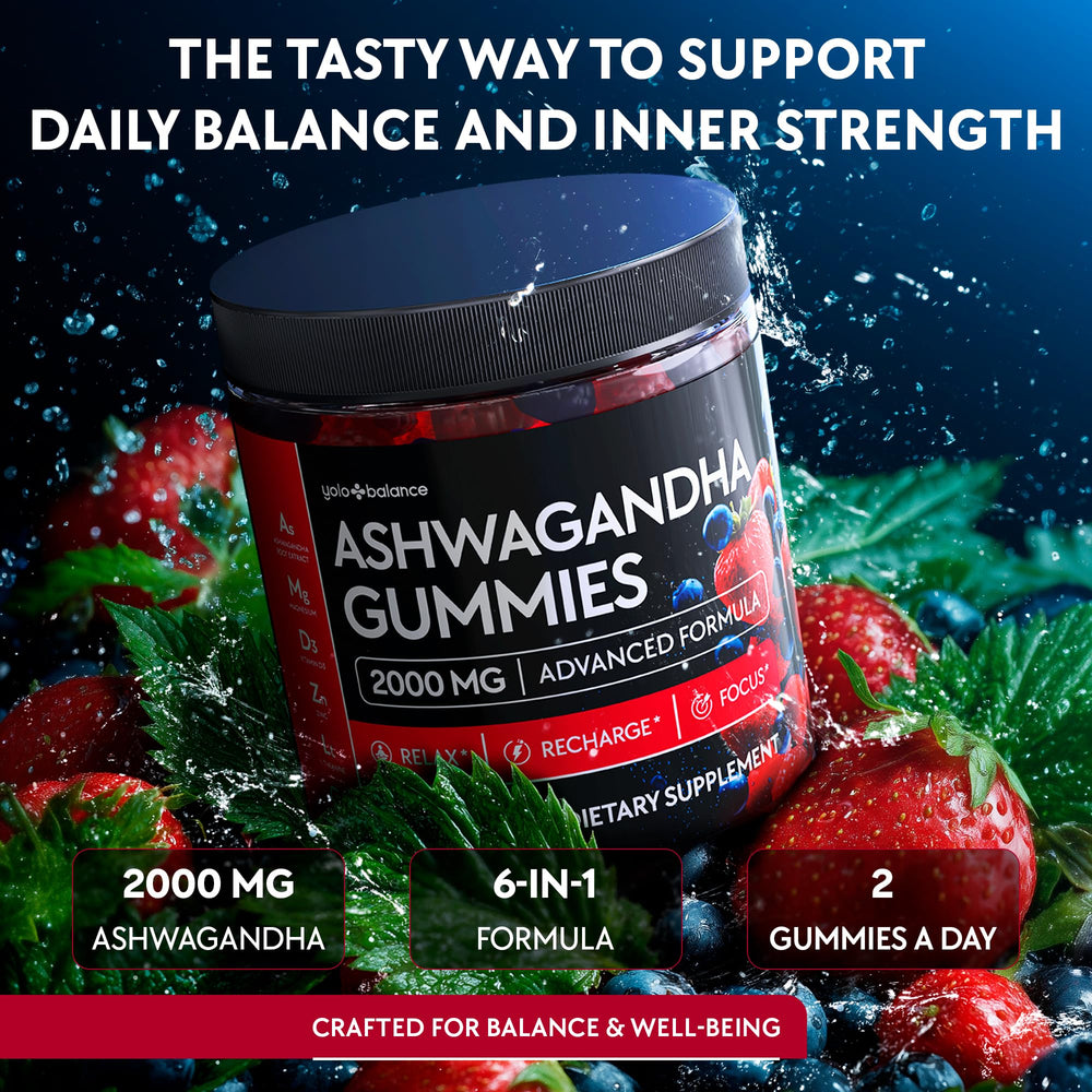 YOLOBALANCE Ashwagandha Gummies label close-up highlights natural ingredients and L-theanine.