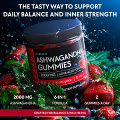 YOLOBALANCE Ashwagandha Gummies label close-up highlights natural ingredients and L-theanine.