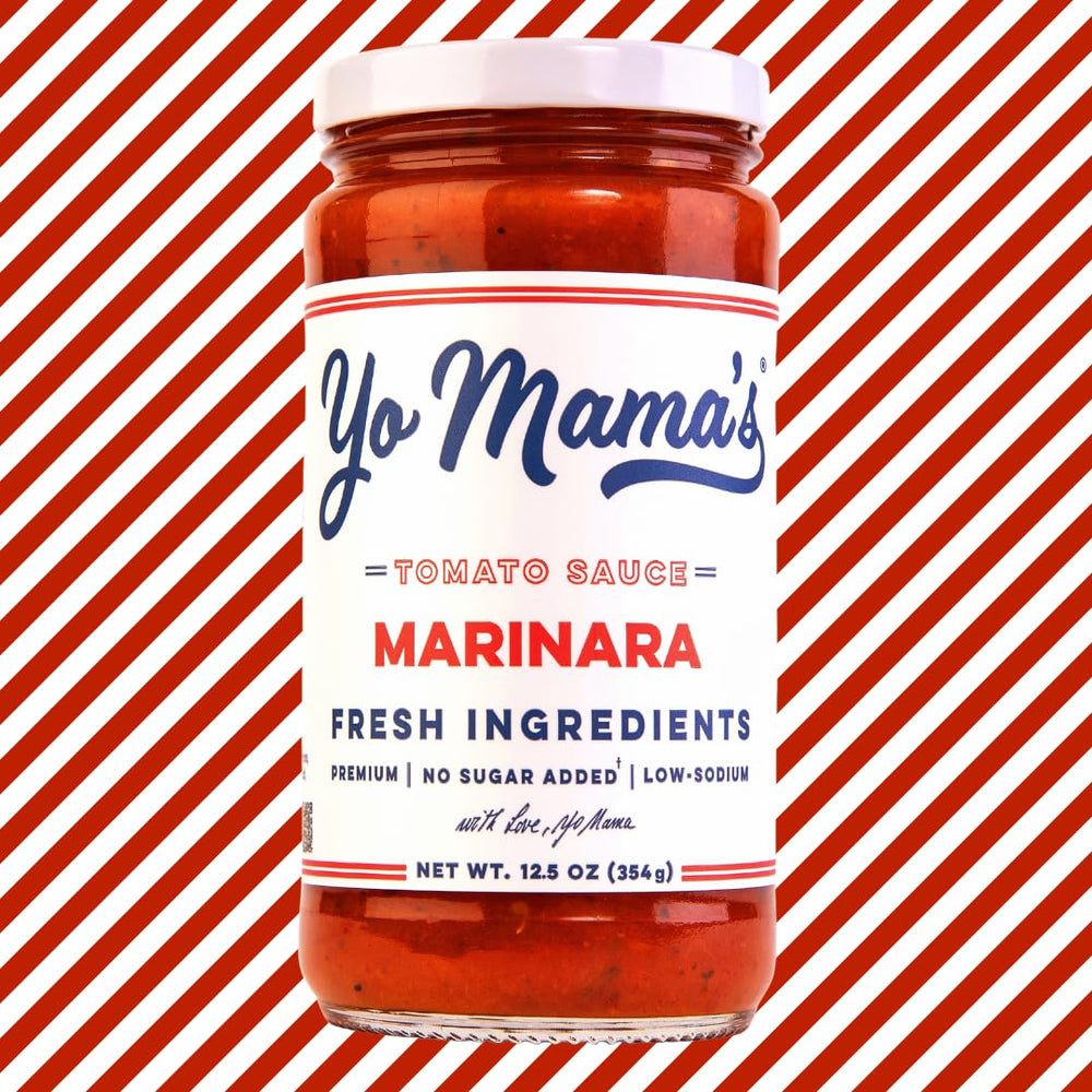 Yo Mama’s Foods Keto Marinara jar closeup showing vibrant tomato color