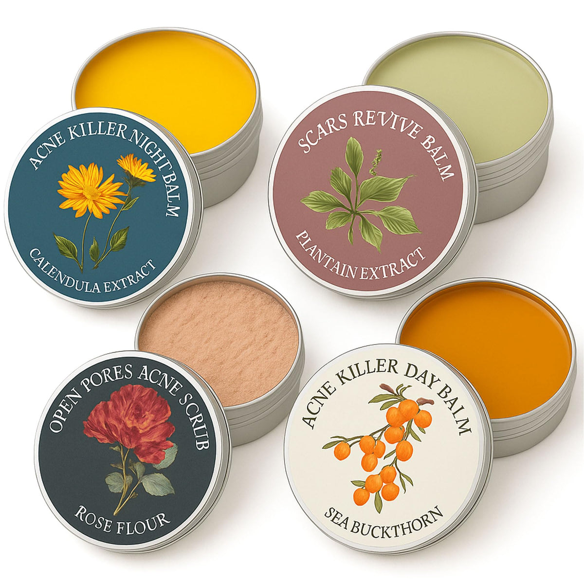 YOCMIPS Organics Acne Balm Set packaging shows a four-piece kit for balanced, gentle skin care