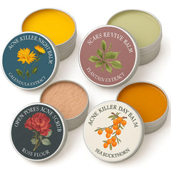 YOCMIPS Organics Acne Balm Set packaging shows a four-piece kit for balanced, gentle skin care