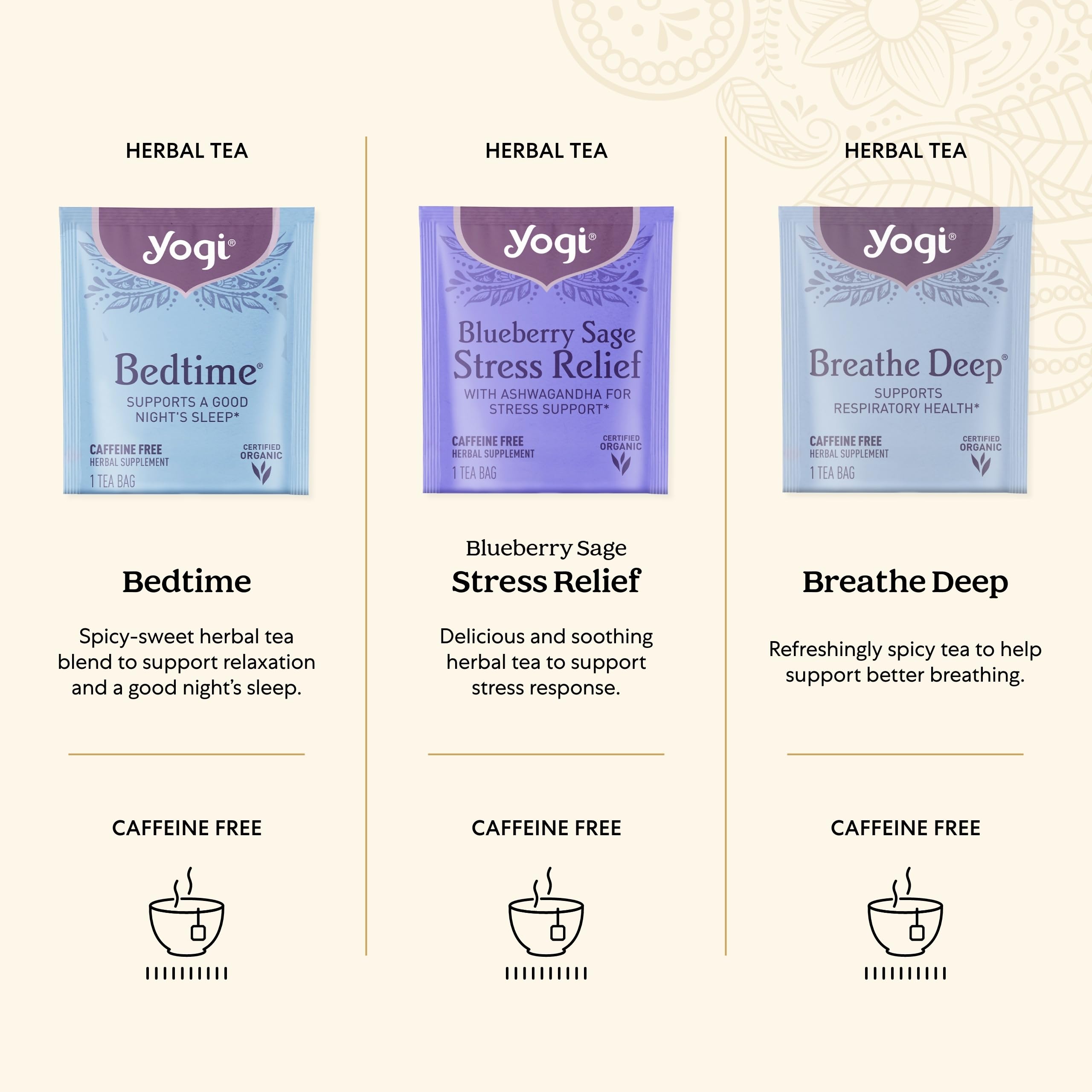 Yogi Bedtime tea bag close-up suggests a calming evening ritual.