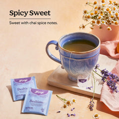 Yogi Bedtime tea chamomile lavender ingredients highlighting soothing blend.