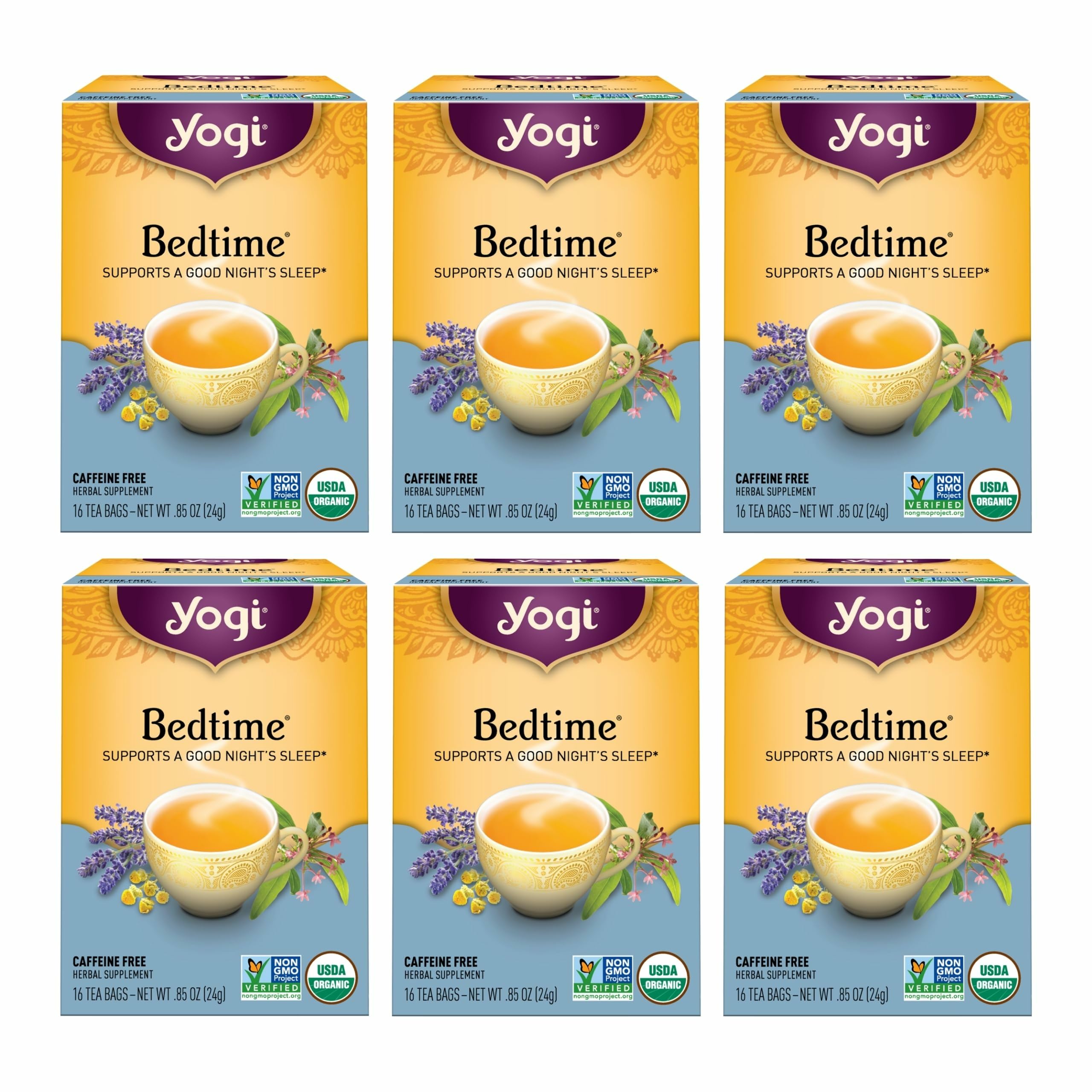 Yogi Bedtime tea cup steeping, a soothing evening ritual.