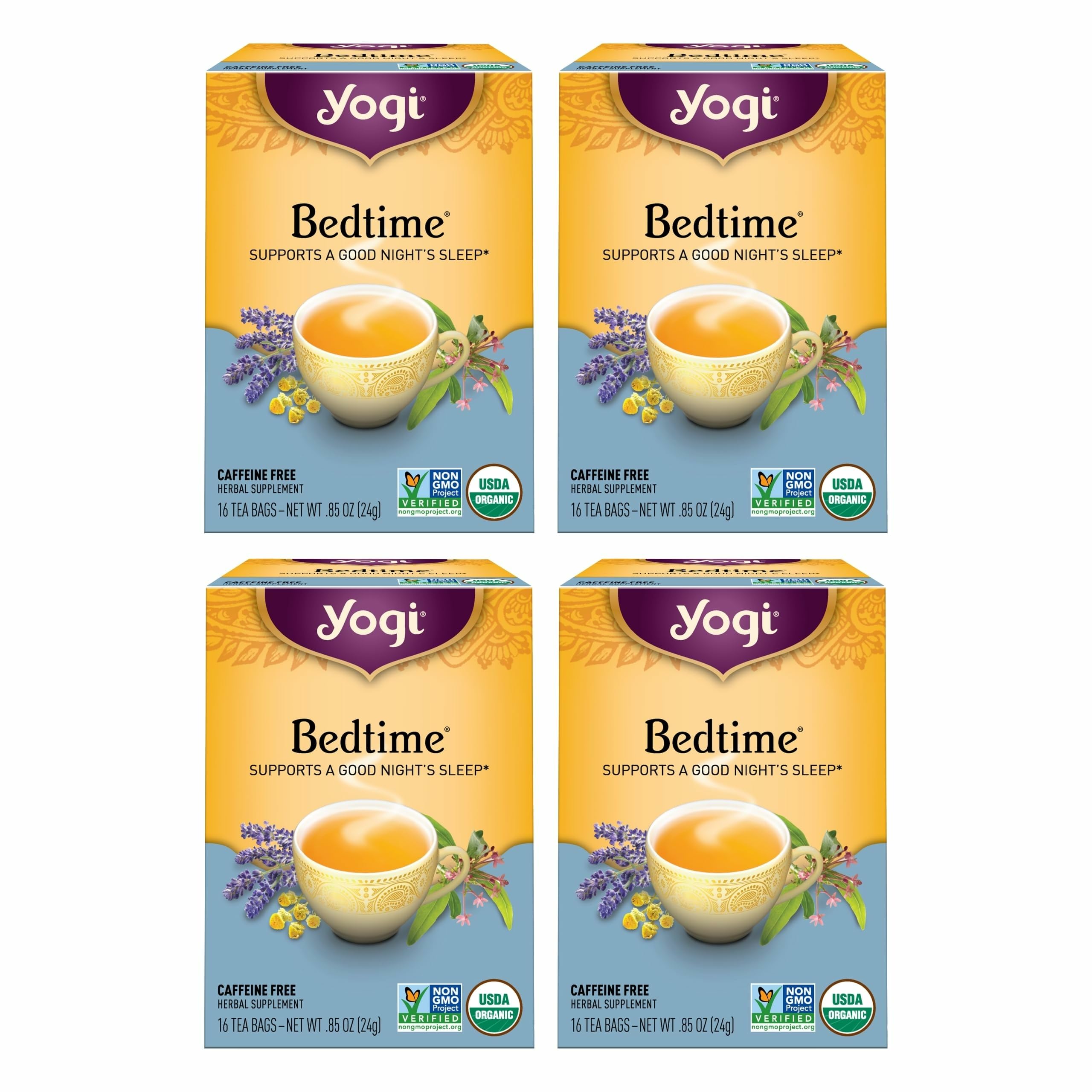 Yogi Bedtime Tea packaging display highlighting a soothing blend for relaxing evenings