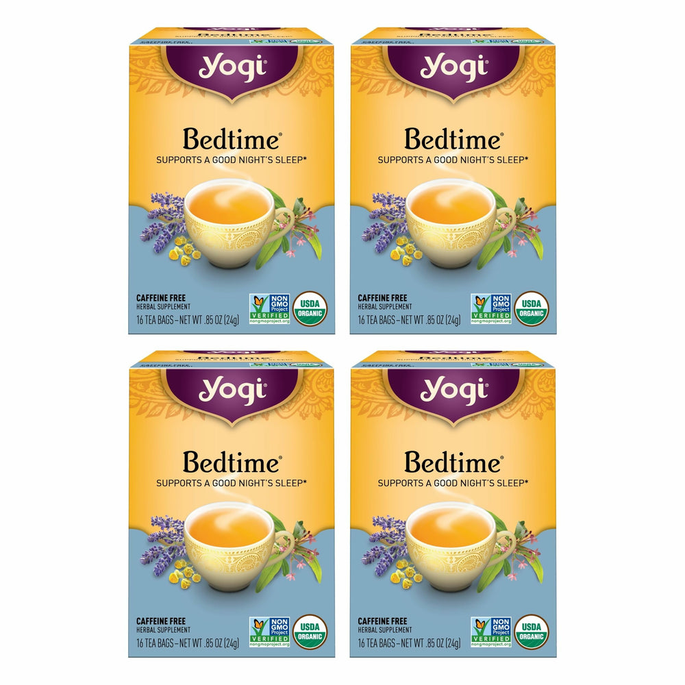 Yogi Bedtime Tea packaging display highlighting a soothing blend for relaxing evenings