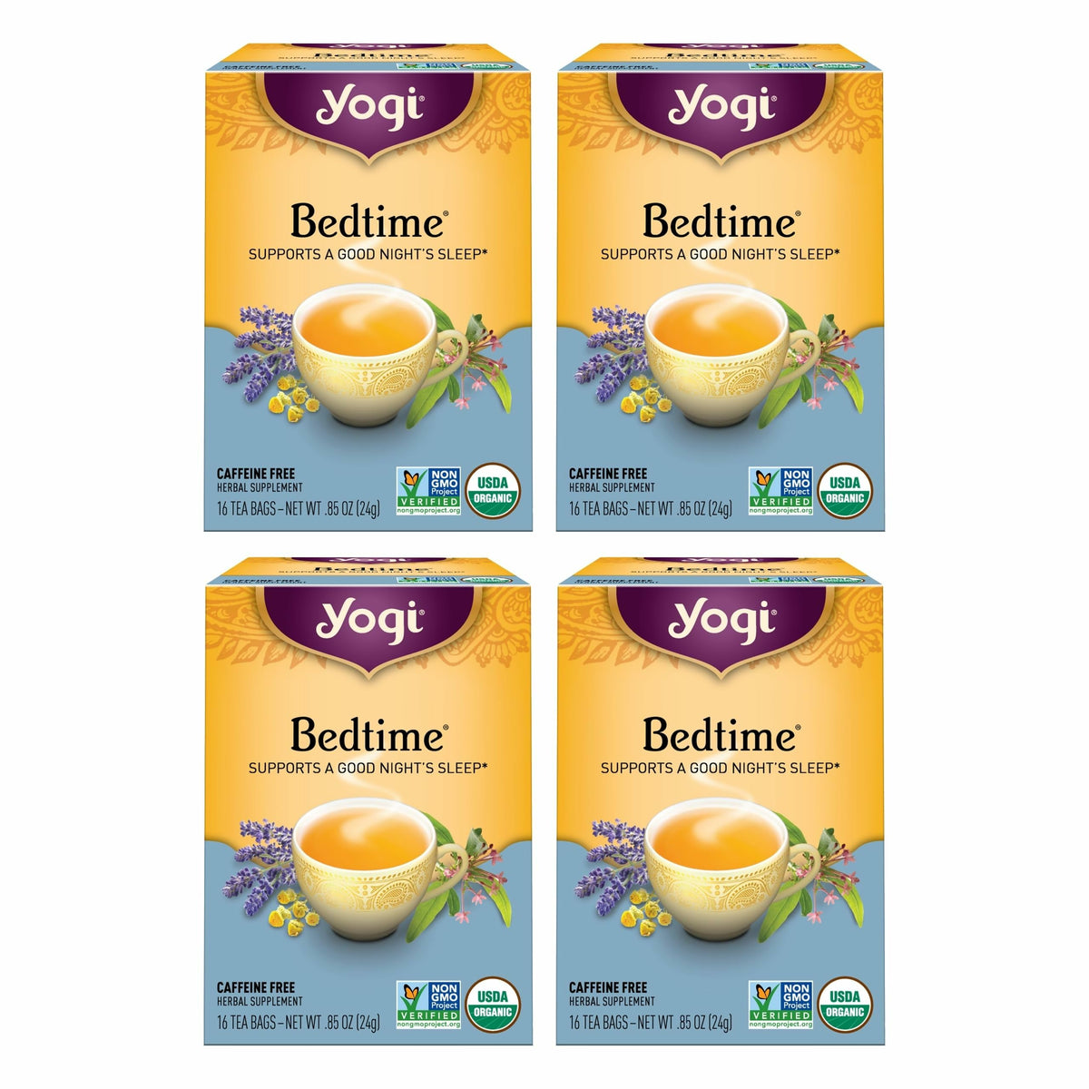 Yogi Bedtime Tea packaging display highlighting a soothing blend for relaxing evenings