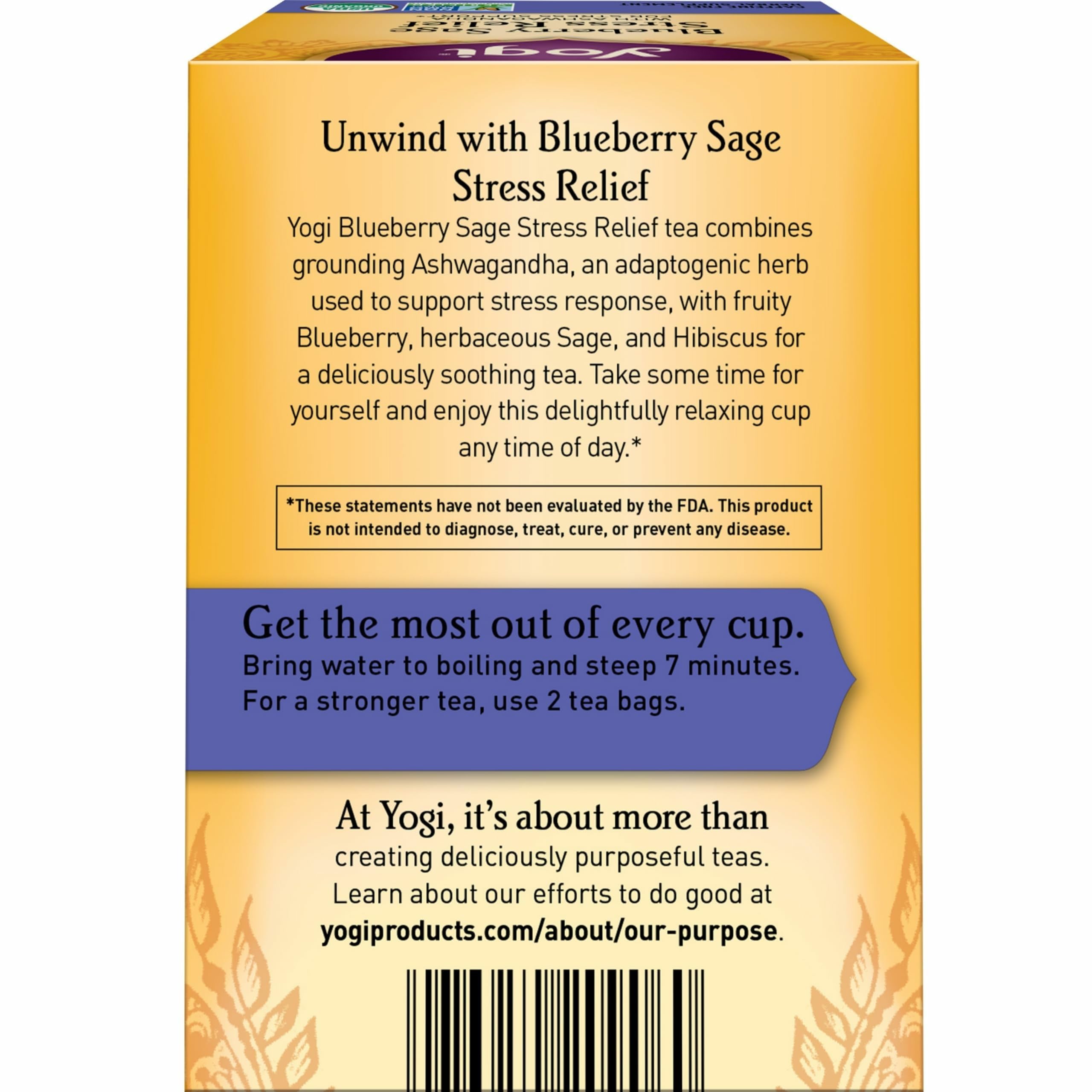 Yogi Blueberry Sage Stress Relief tea bag ready to steep.