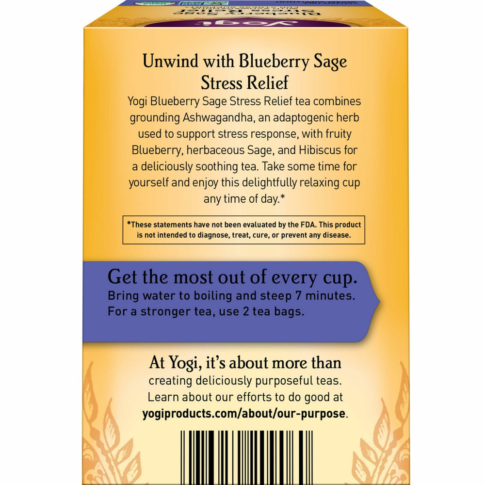 Yogi Blueberry Sage Stress Relief tea bag ready to steep.