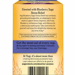 Yogi Blueberry Sage Stress Relief tea bag ready to steep.