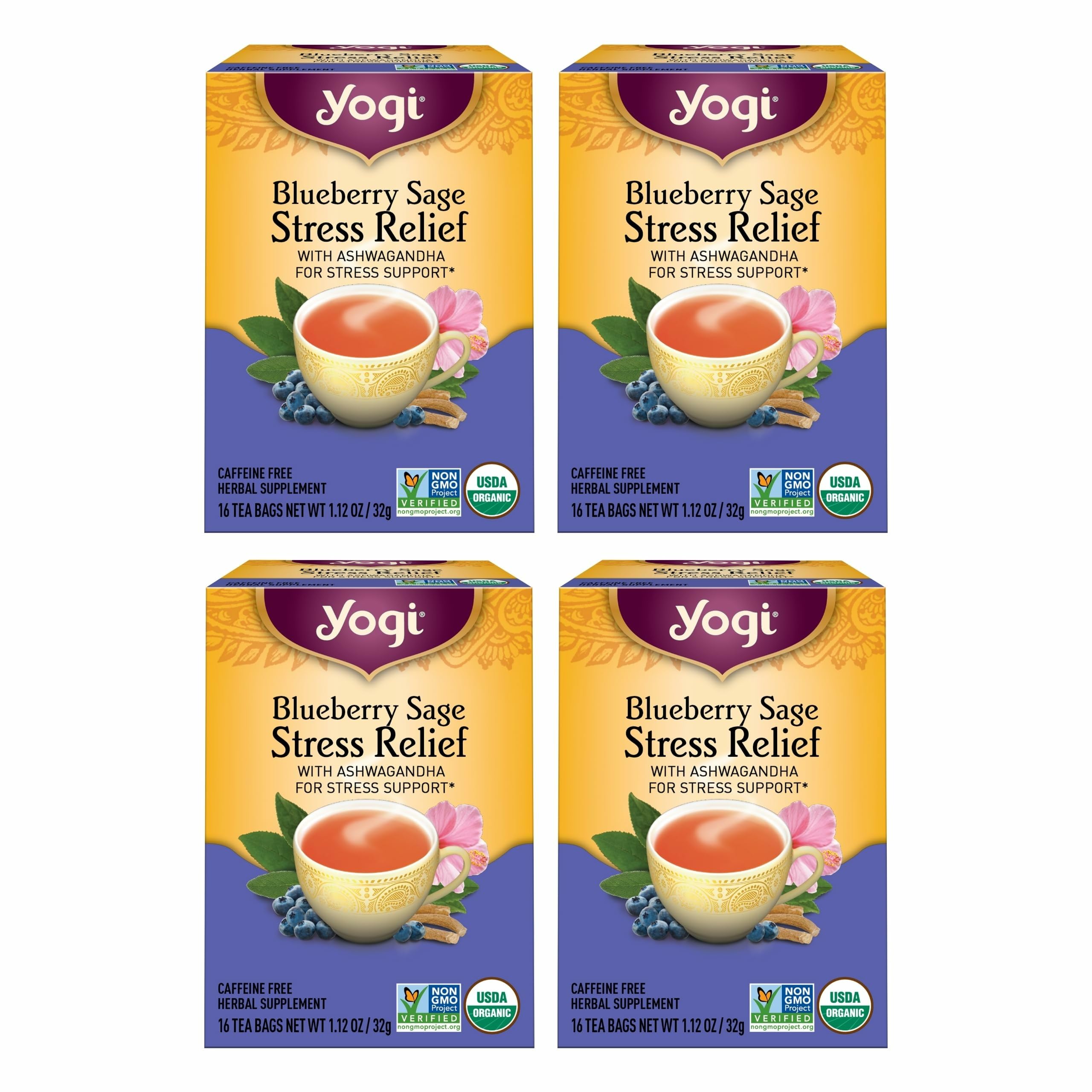 Yogi Blueberry Sage Stress Relief tea pack ready for a calming moment.