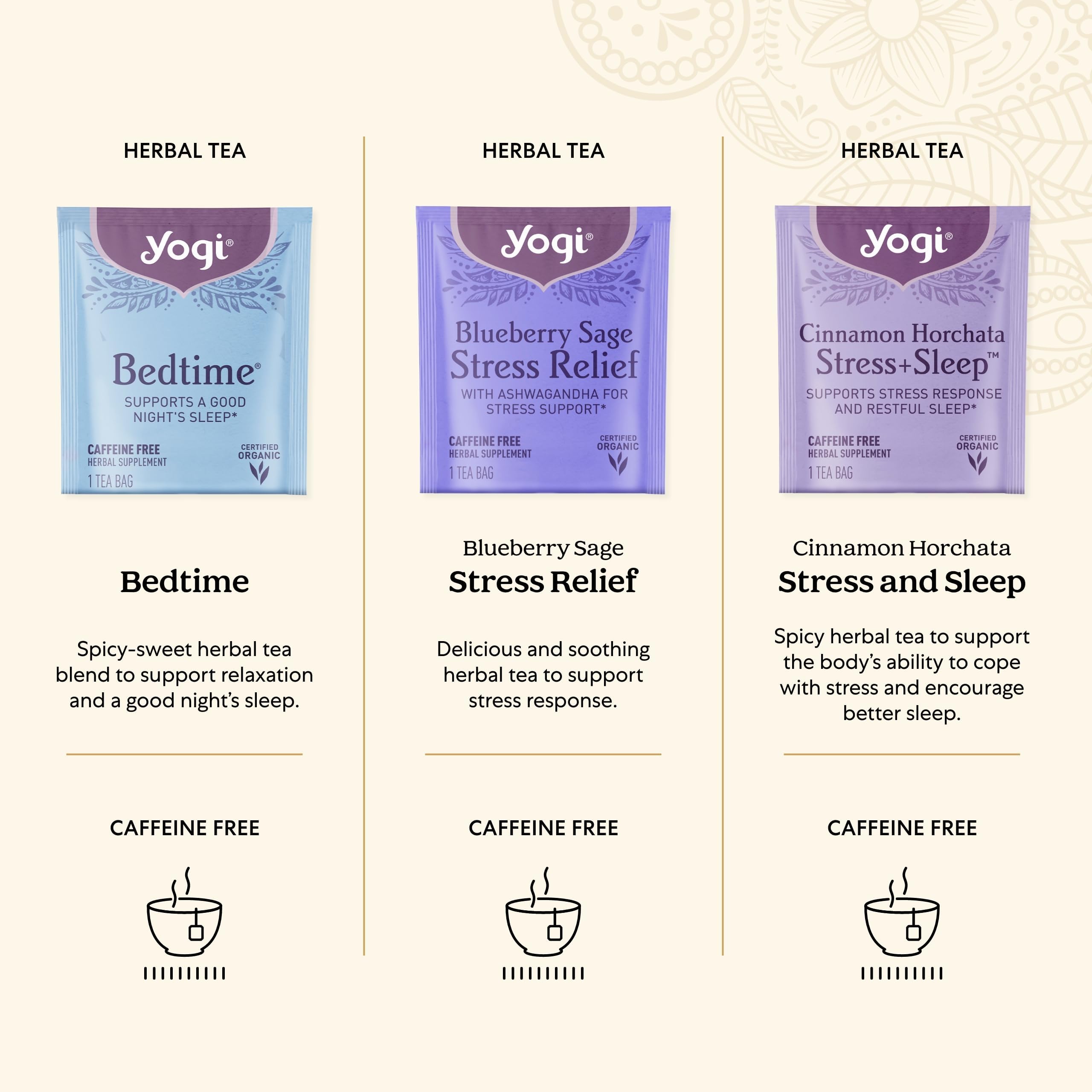 Yogi Blueberry Sage Stress Relief tea bags offer gentle relaxation