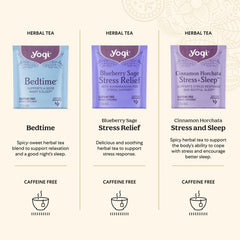 Yogi Blueberry Sage Stress Relief tea bags offer gentle relaxation