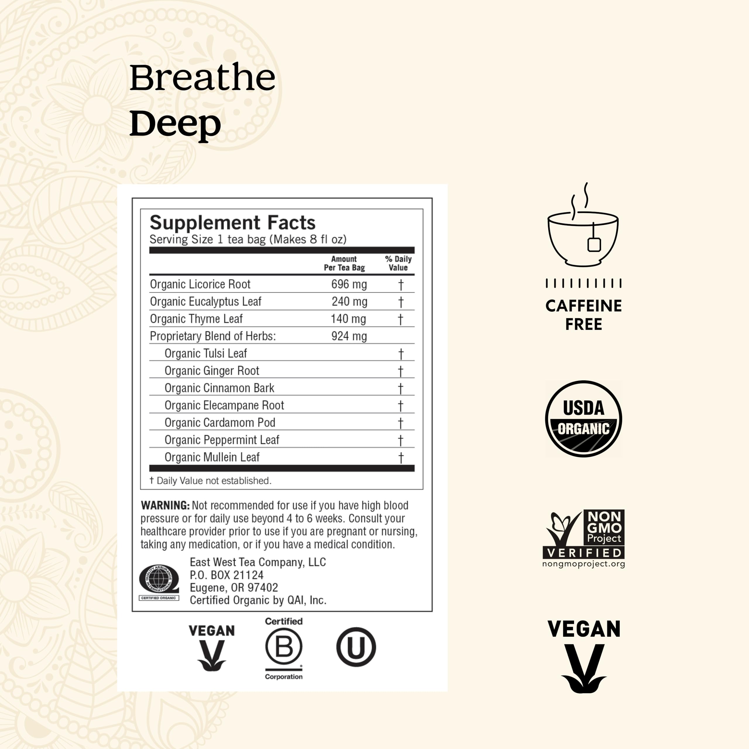 Yogi Breathe Deep Tea cup with steam and relaxing aromatic blend.