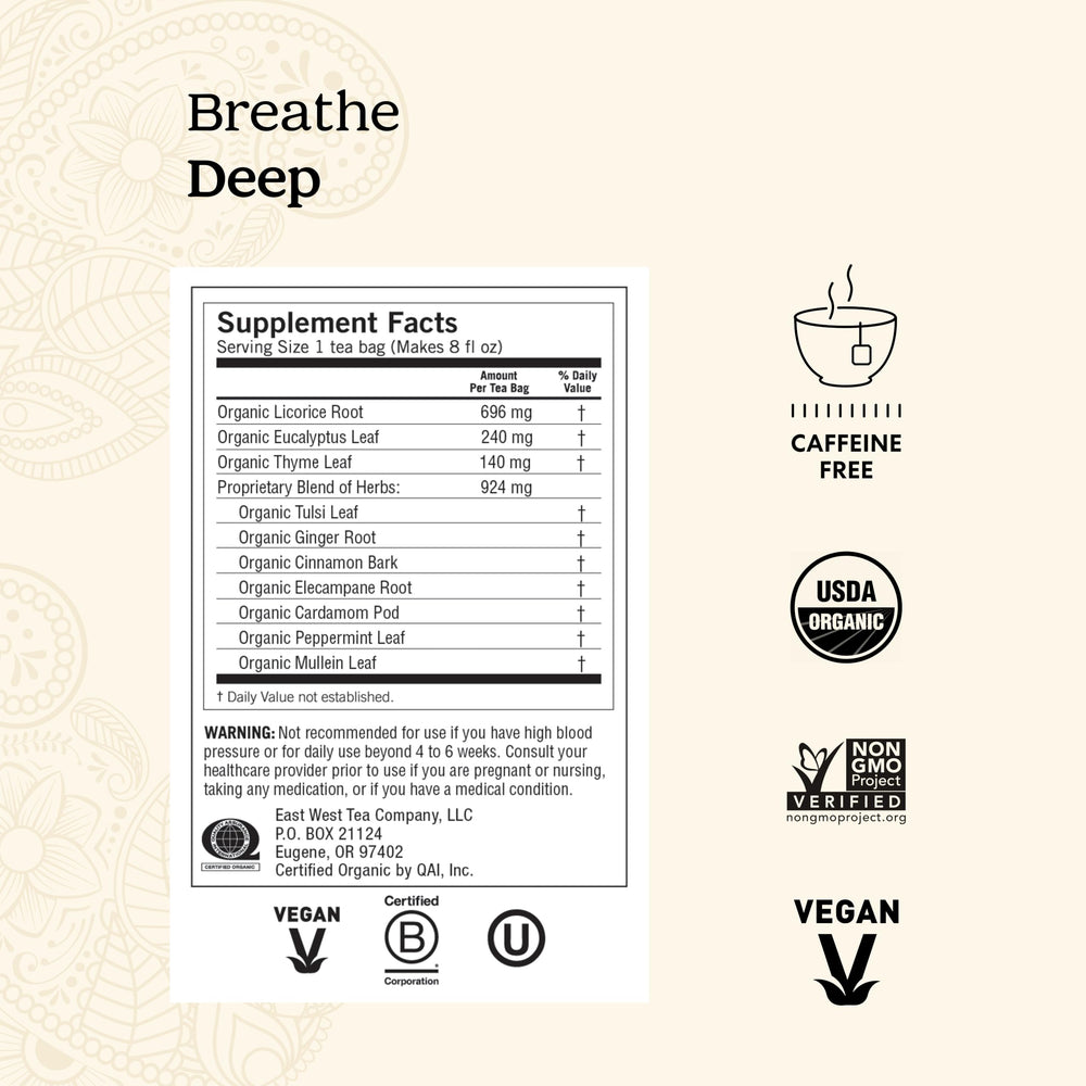 Yogi Breathe Deep Tea cup with steam and relaxing aromatic blend.