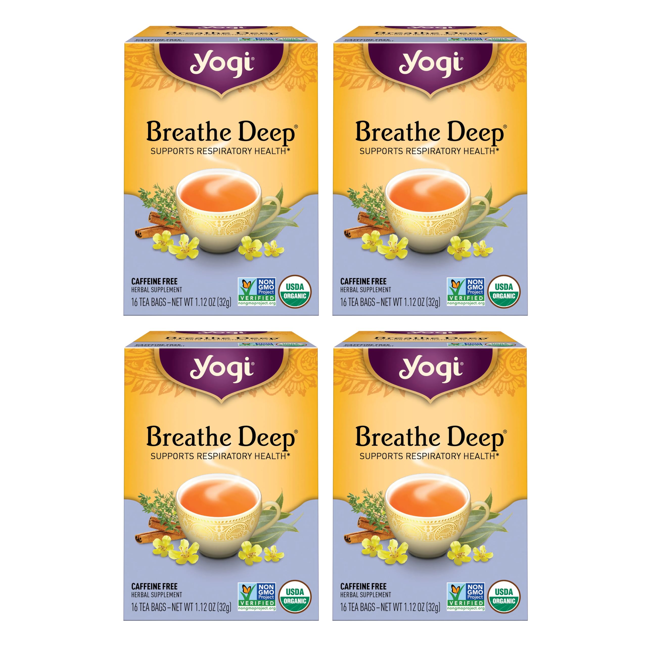 Yogi Breathe Deep Tea pack with organic label and calming aroma.