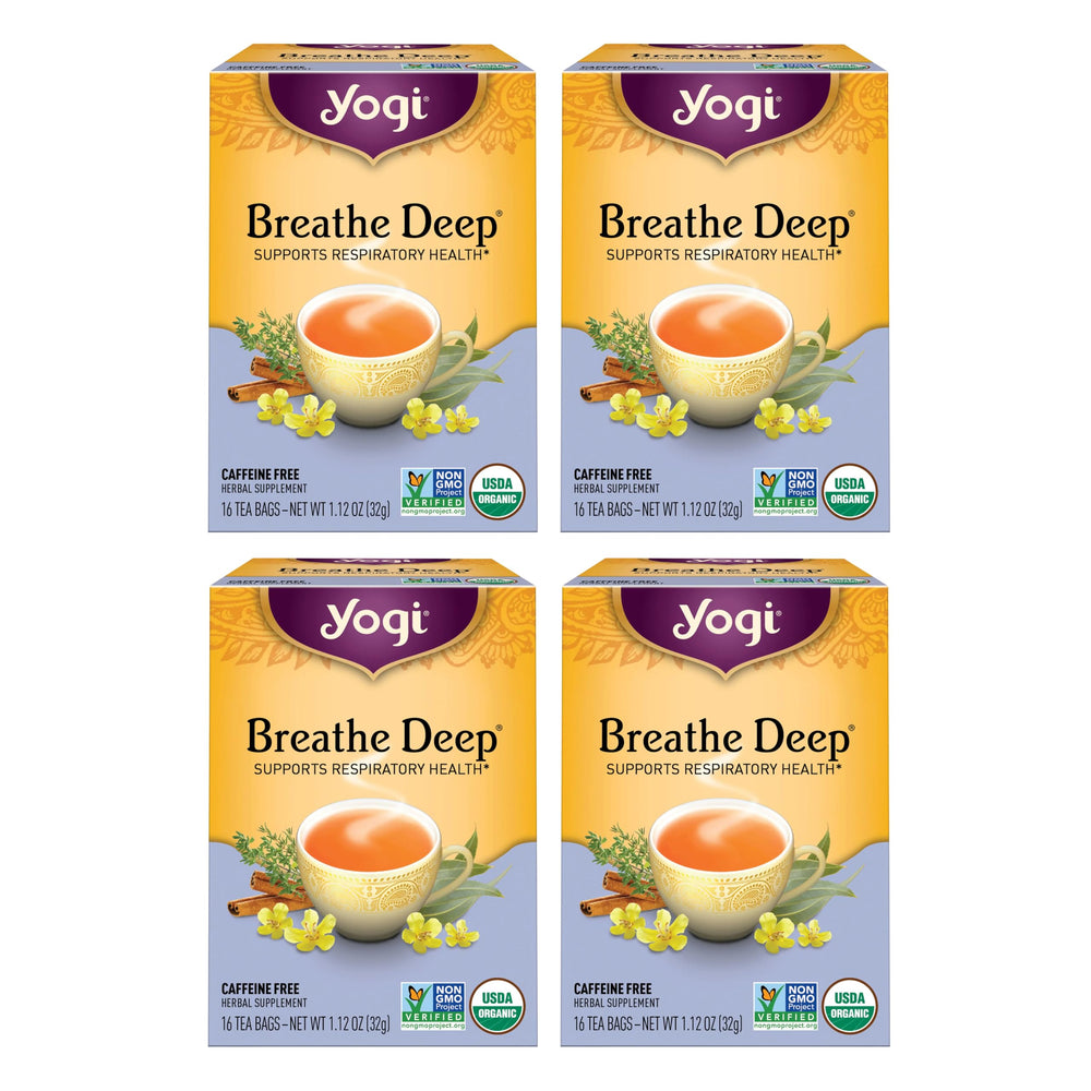 Yogi Breathe Deep Tea pack with organic label and calming aroma.