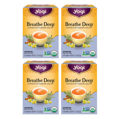 Yogi Breathe Deep Tea pack with organic label and calming aroma.