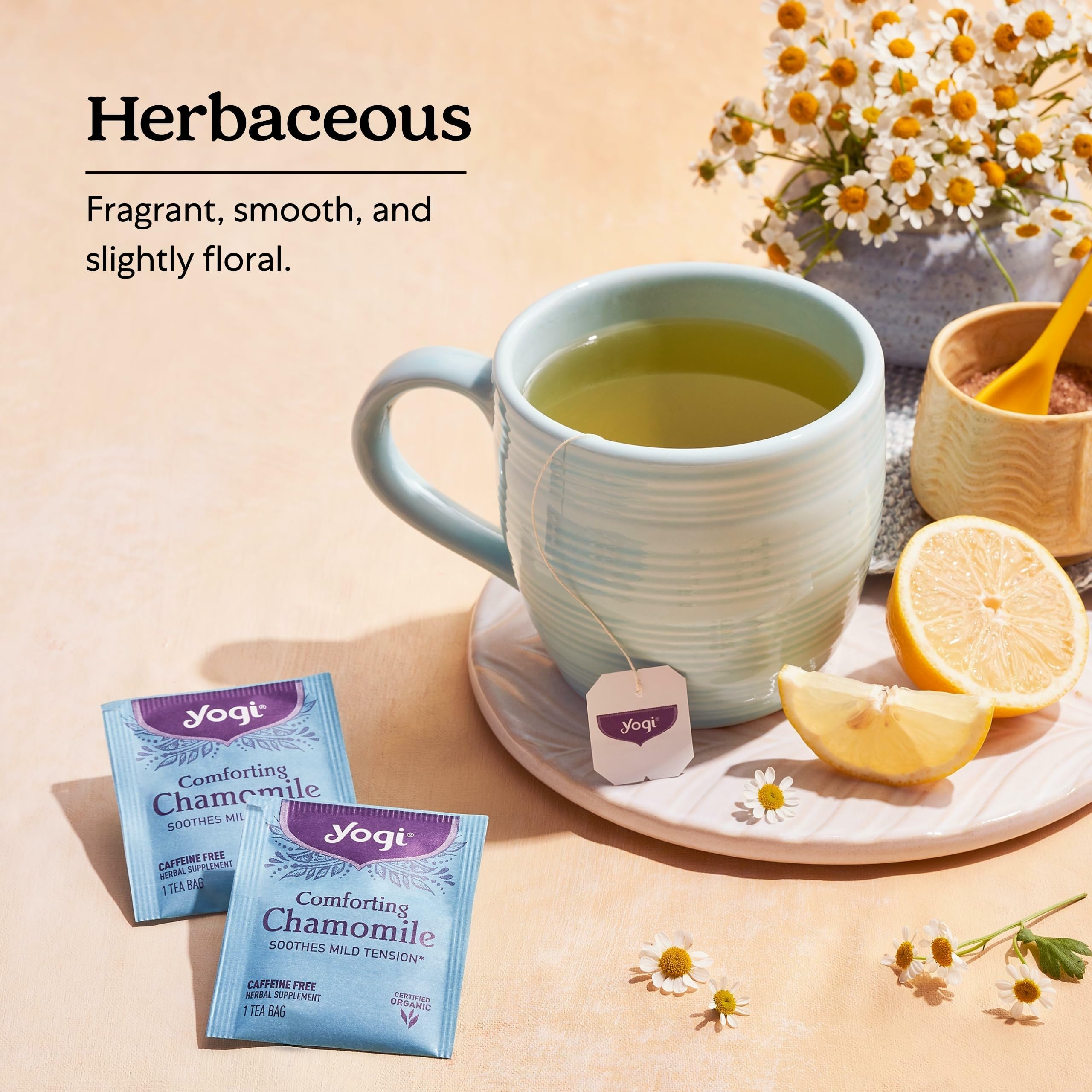 Yogi Chamomile flower closeup highlighting organic ingredients