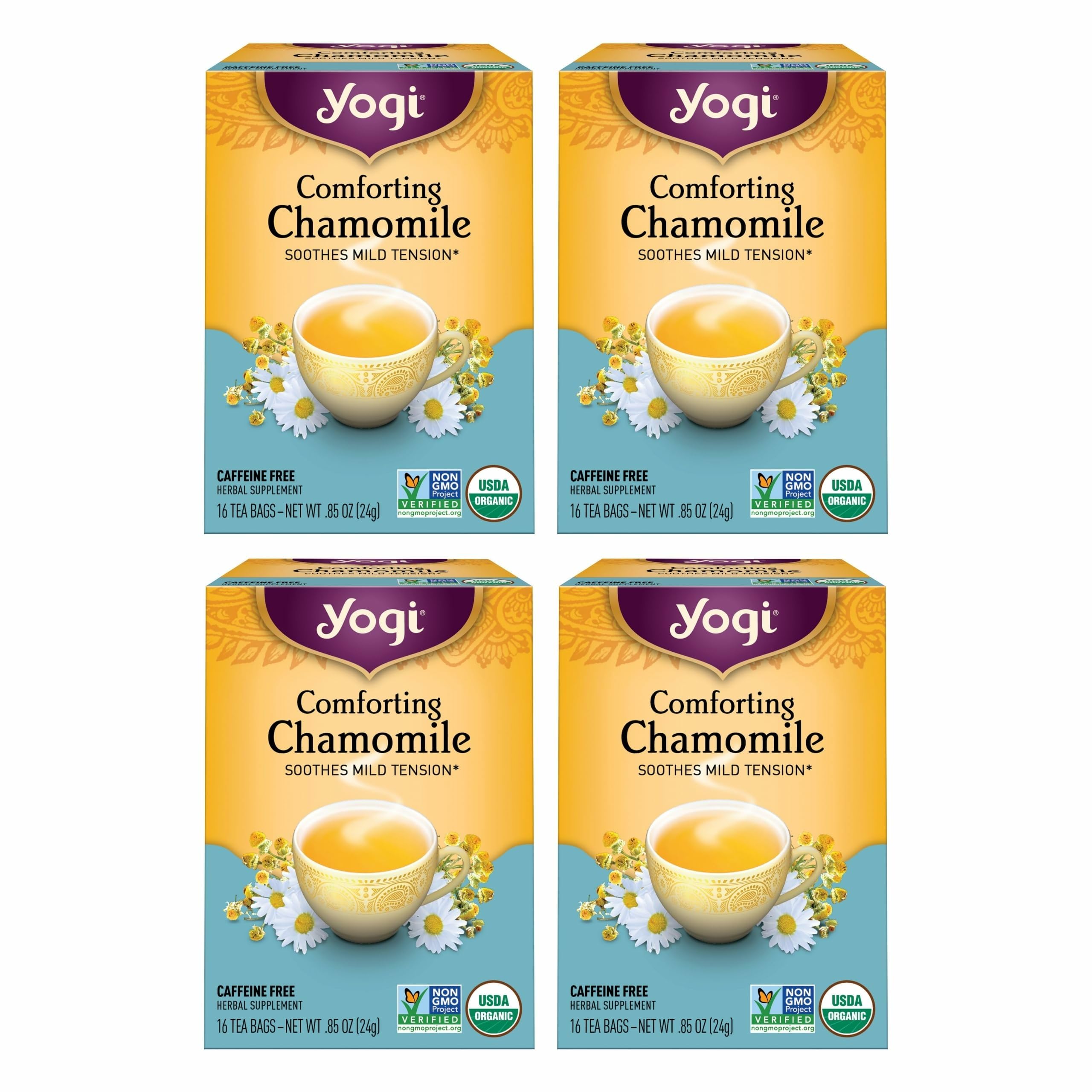 Yogi Comforting Chamomile tea packaging image showing organic, relaxing blend