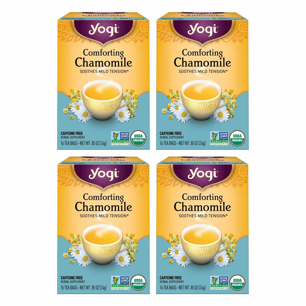 Yogi Comforting Chamomile tea packaging image showing organic, relaxing blend