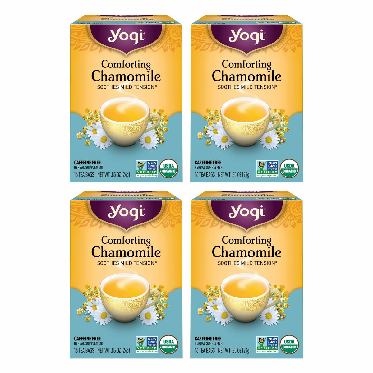 Yogi Comforting Chamomile tea packaging image showing organic, relaxing blend