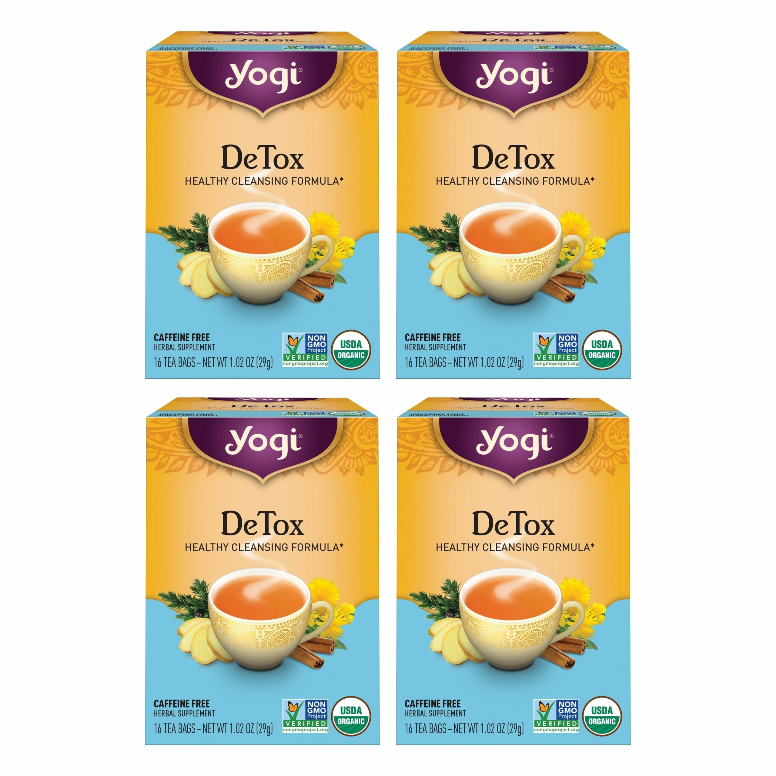 Yogi DeTox tea packaging shows a four-pack box for daily digestive comfort.