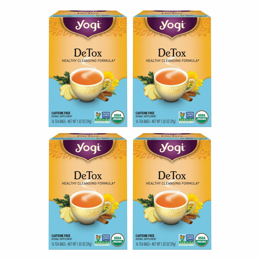 Yogi DeTox tea packaging shows a four-pack box for daily digestive comfort.