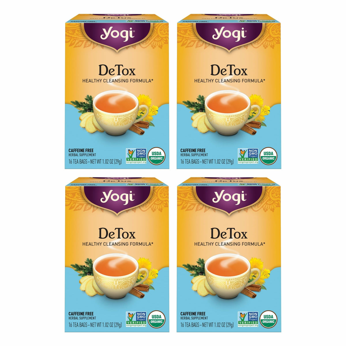 Yogi DeTox tea packaging shows a four-pack box for daily digestive comfort.