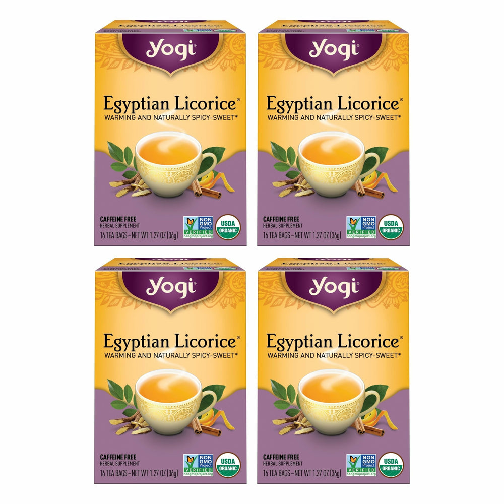 Yogi Egyptian Licorice Tea four-pack box shows premium caffeine-free blend for soothing moments.